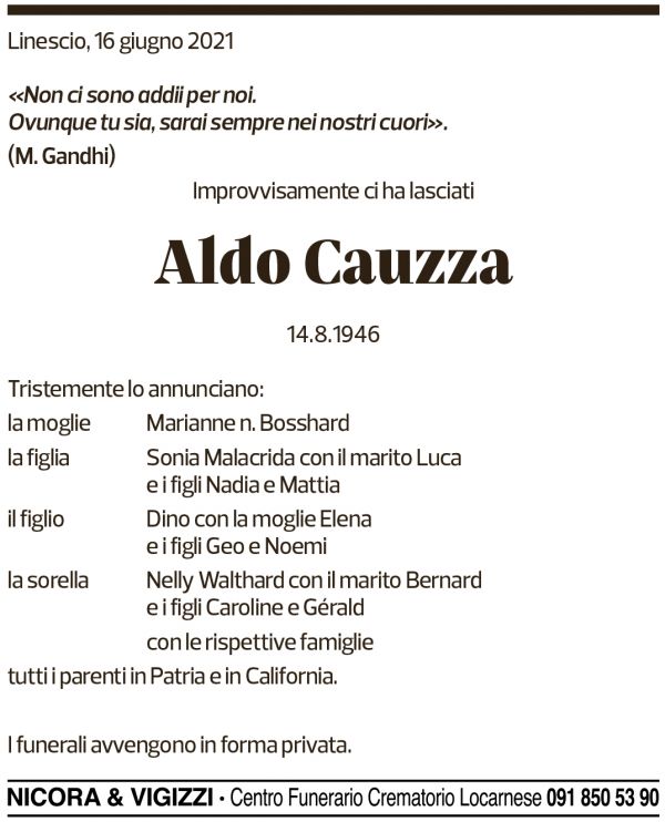 Annuncio funebre Aldo Cauzza