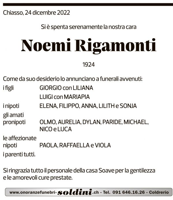 Annuncio funebre Noemi Rigamonti