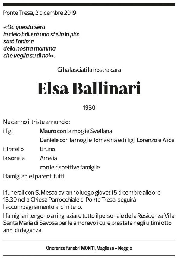 Annuncio funebre Elsa Ballinari
