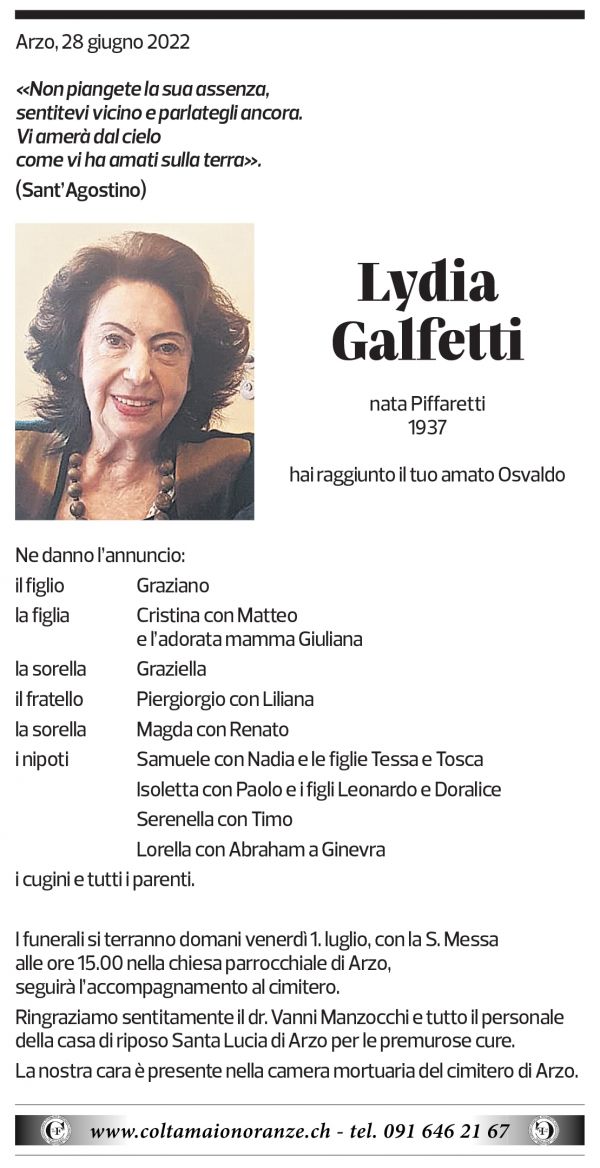 Annuncio funebre Lydia Galfetti