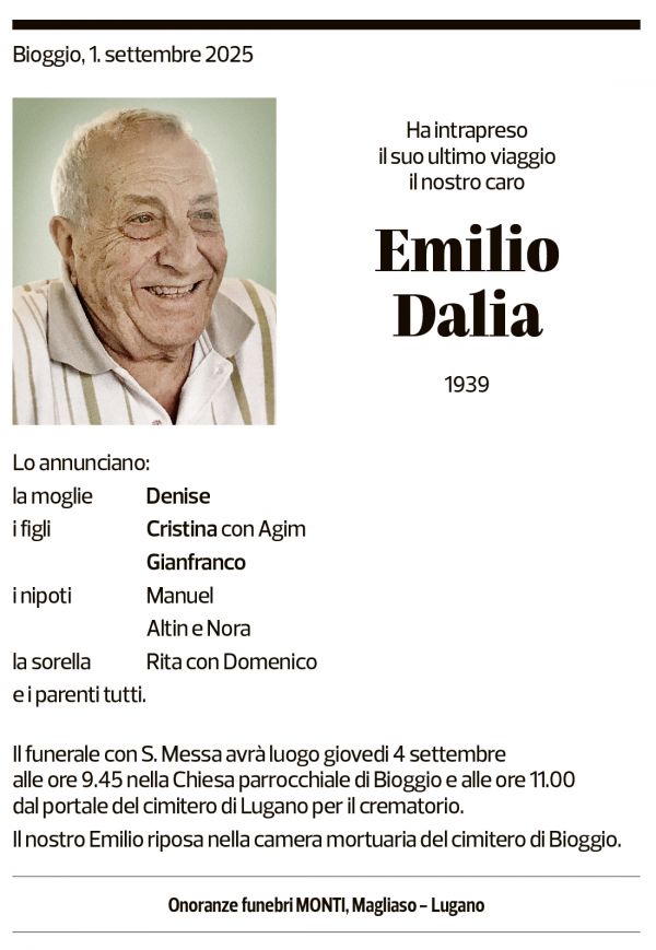 Annuncio funebre Emilio Dalia