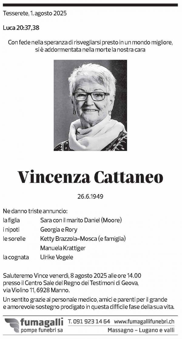 Annuncio funebre Vincenza Cattaneo