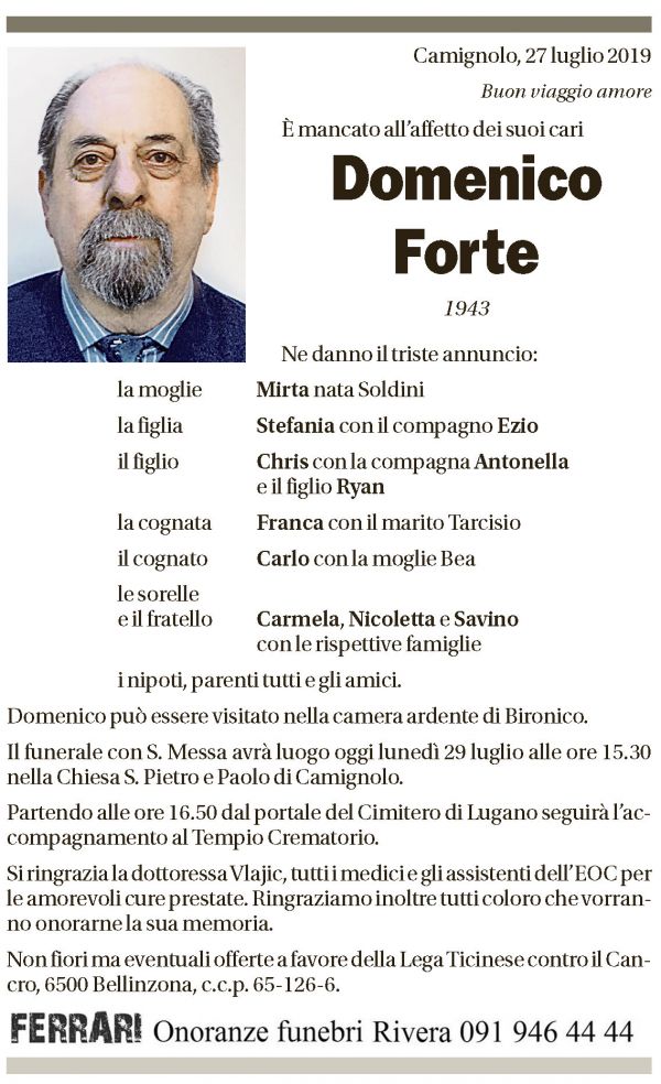 Annuncio funebre Domenico Forte