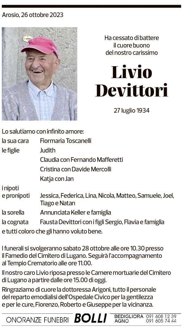 Annuncio funebre Livio Devittori