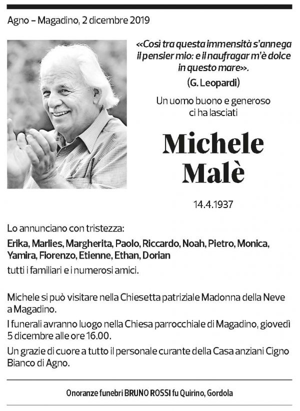 Annuncio funebre Michele Malè