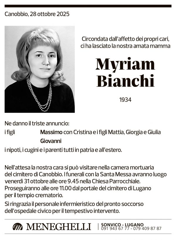 Annuncio funebre Myriam Bianchi