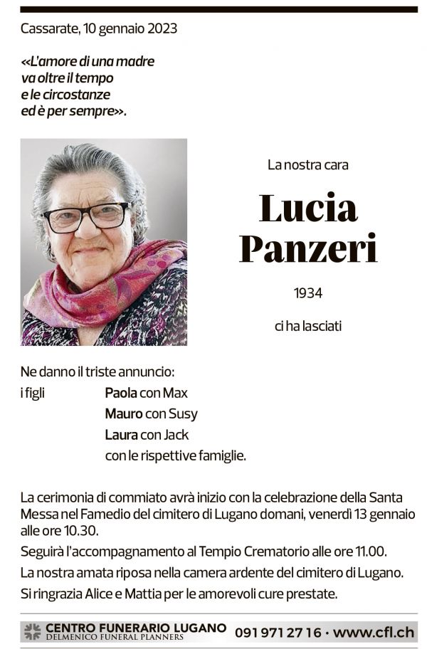 Annuncio funebre Lucia Panzeri