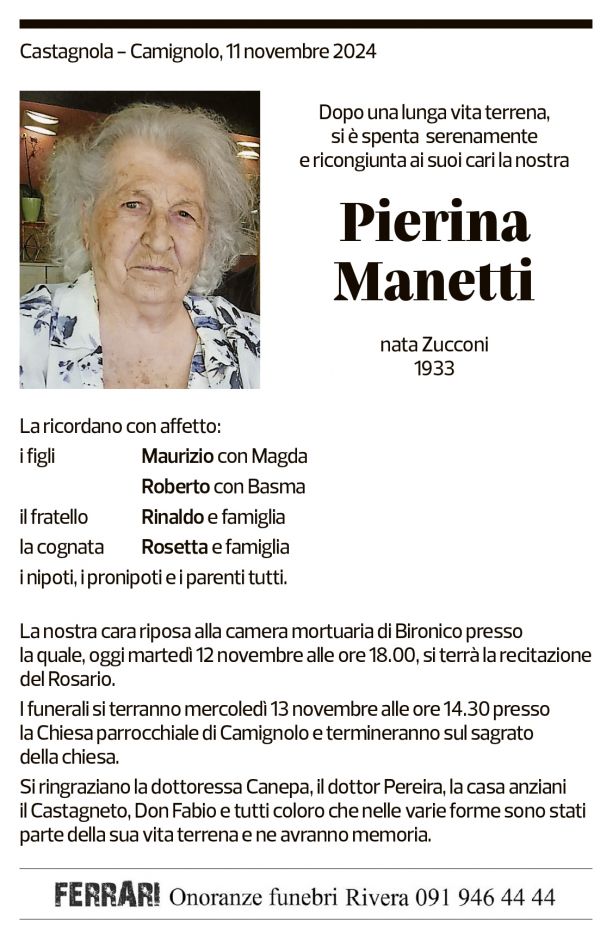 Annuncio funebre Pierina Manetti