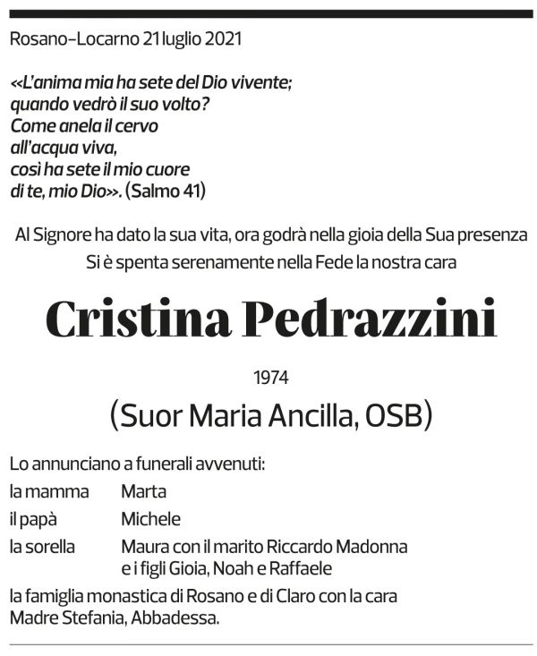 Annuncio funebre Cristina Pedrazzini