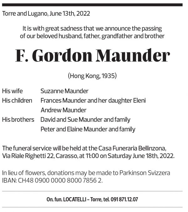 Annuncio funebre F. Gordon Maunder