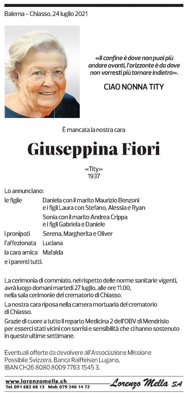 Annuncio funebre Giuseppina Fiori