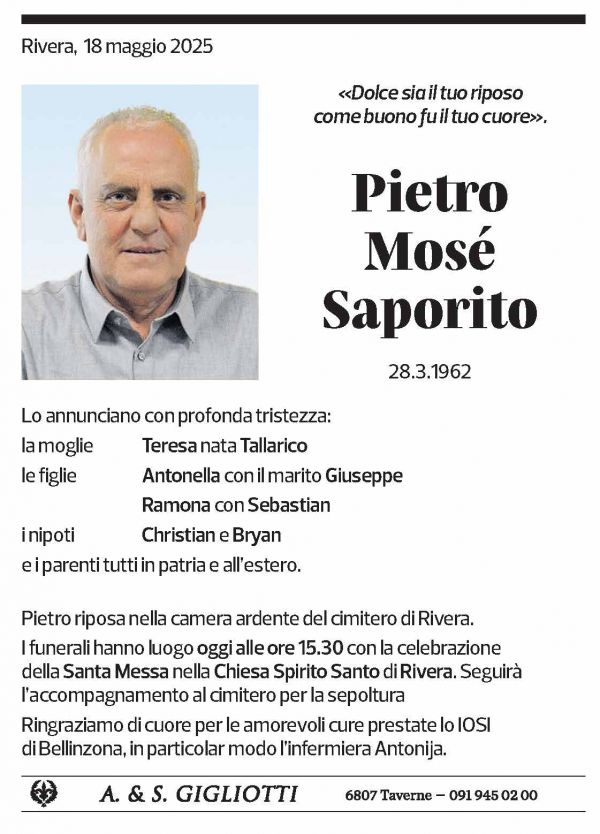 Annuncio funebre Pietro Mosé Saporito