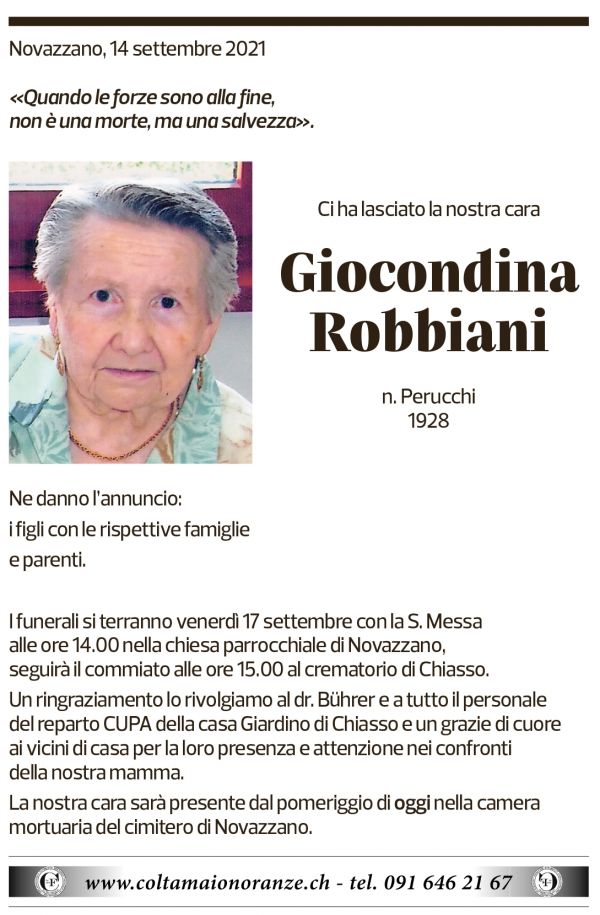 Annuncio funebre Giocondina Robbiani