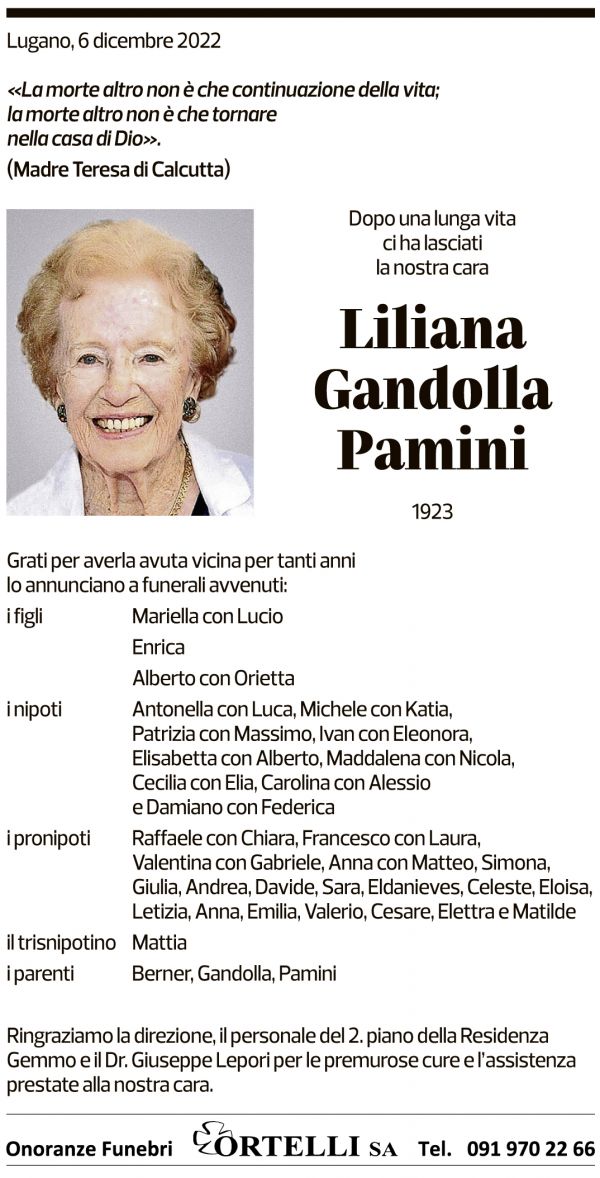 Annuncio funebre Liliana Gandolla Pamini