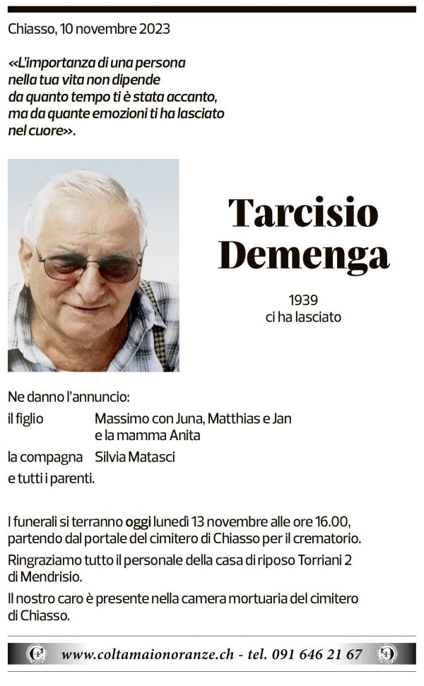 Annuncio funebre Tarcisio Demenga