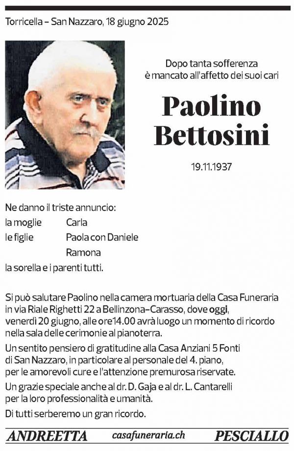 Annuncio funebre Paolino Bettosini