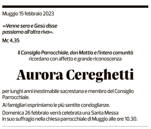 Annuncio funebre Aurora Cereghetti