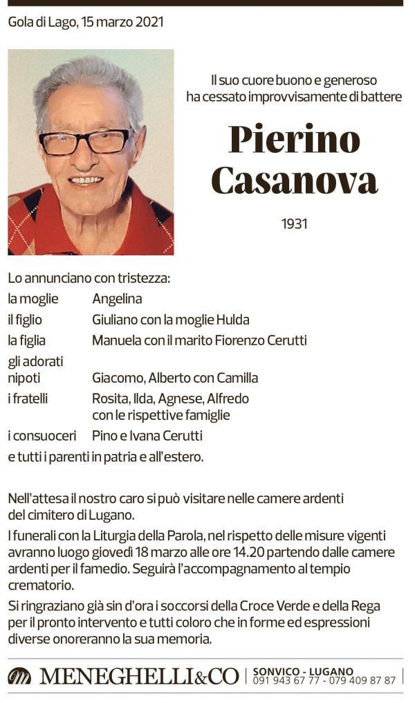 Annuncio funebre Pierino Casanova