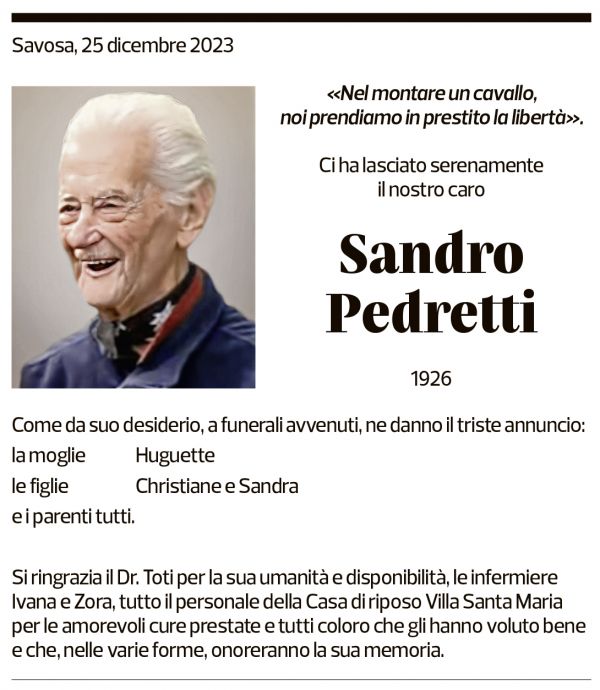 Annuncio funebre Sandro Pedretti