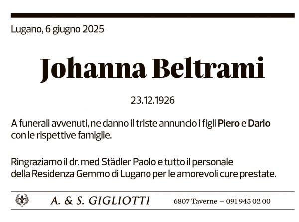Annuncio funebre Johanna Beltrami