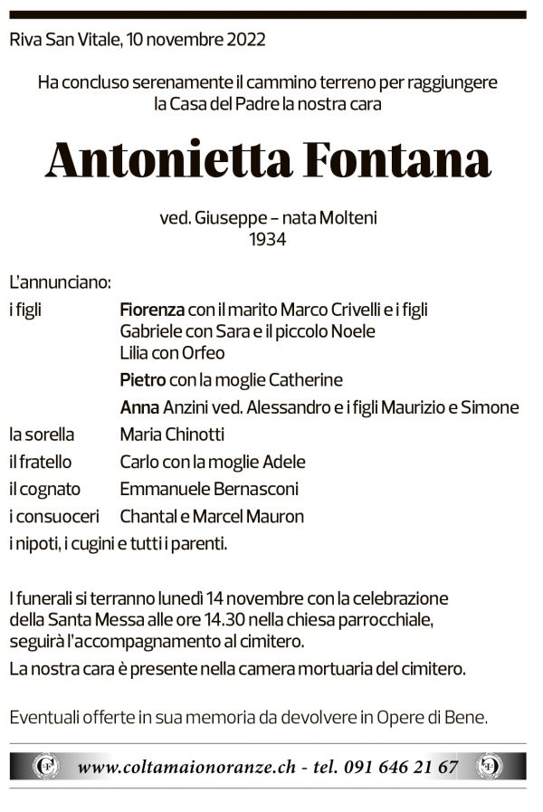 Annuncio funebre Antonietta Fontana