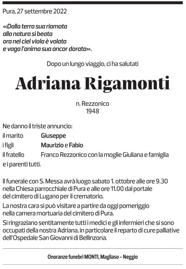 Annuncio funebre Adriana Rigamonti