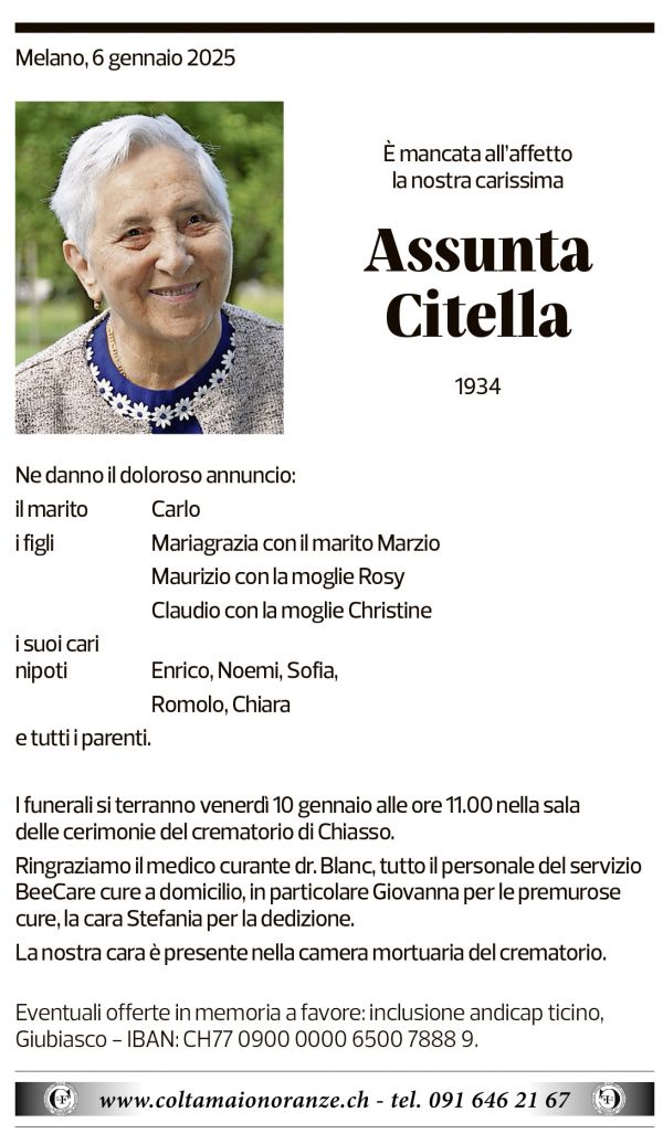 Annuncio funebre Assunta Citella