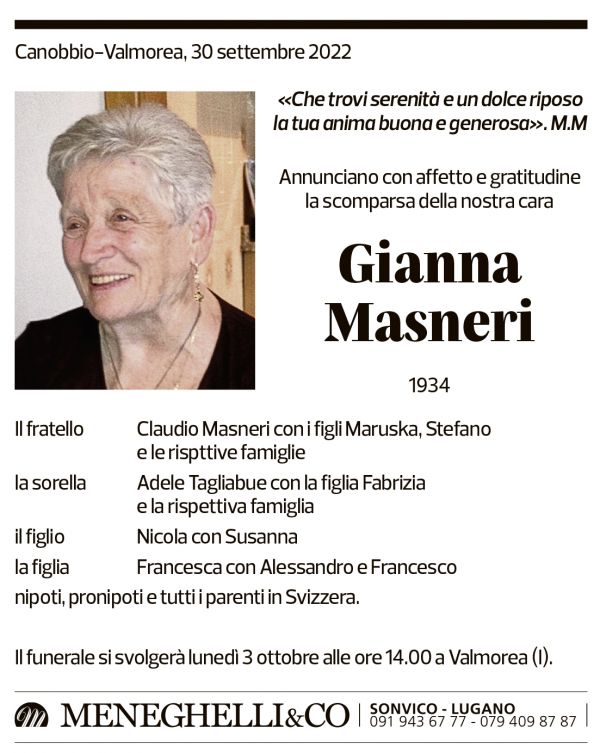 Annuncio funebre Gianna Masneri