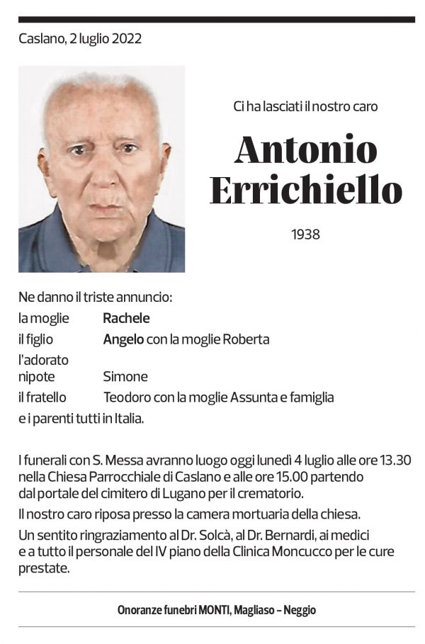 Annuncio funebre Antonio Errichiello