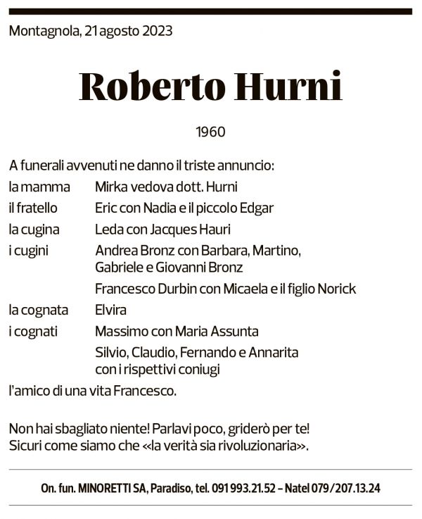 Annuncio funebre Roberto Hurni