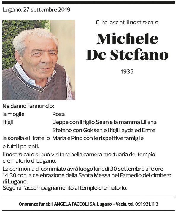 Annuncio funebre Michele De Stefano