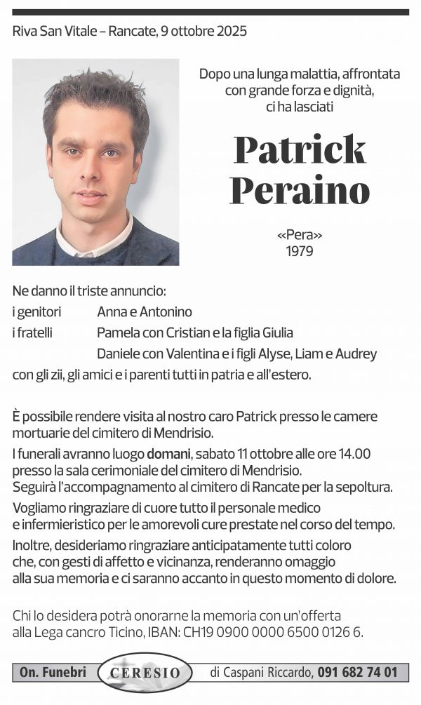 Annuncio funebre Patrick Peraino