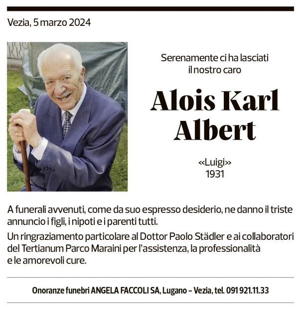 Annuncio funebre Alois Karl Albert