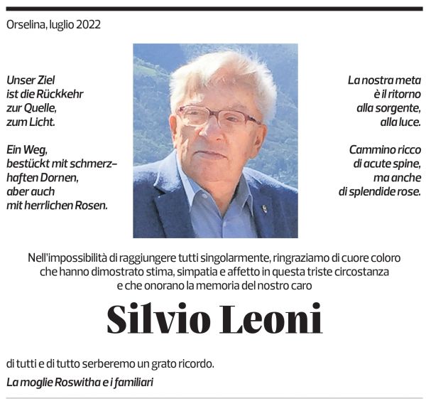 Annuncio funebre Silvio Leoni