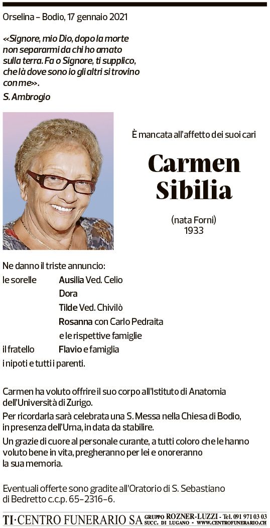 Annuncio funebre Carmen Sibilia