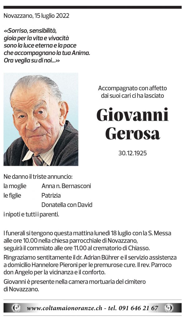 Annuncio funebre Giovanni Gerosa