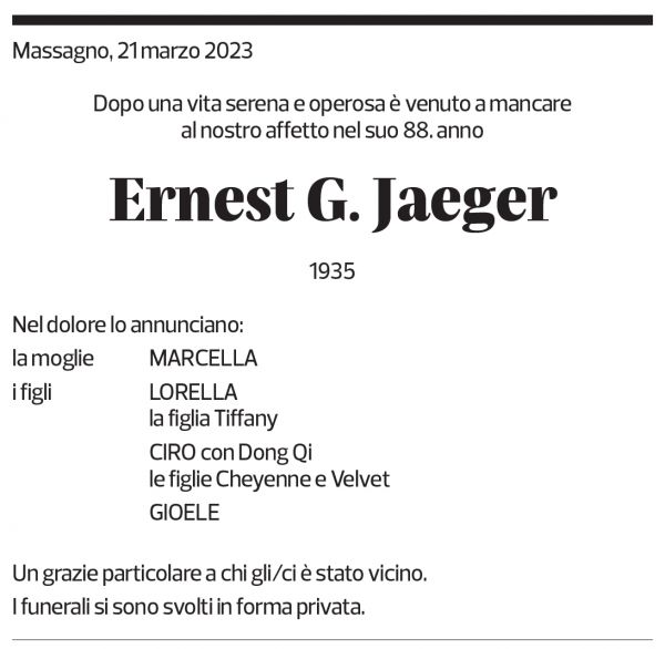 Annuncio funebre Ernest G. Jaeger