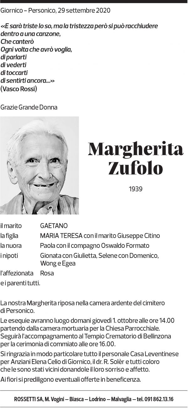 Annuncio funebre Margherita Zufolo