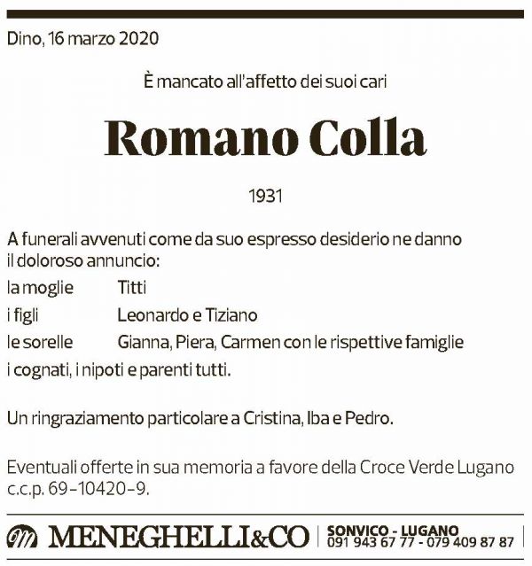 Annuncio funebre Romano Colla