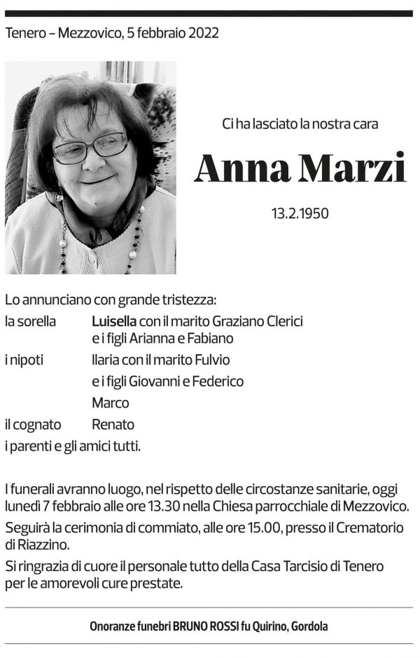 Annuncio funebre Anna Marzi