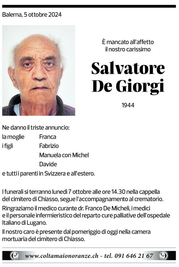 Annuncio funebre Salvatore De Giorgi