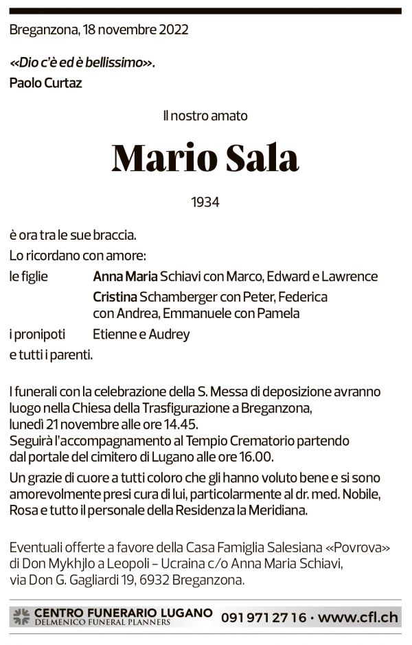 Annuncio funebre Mario Sala