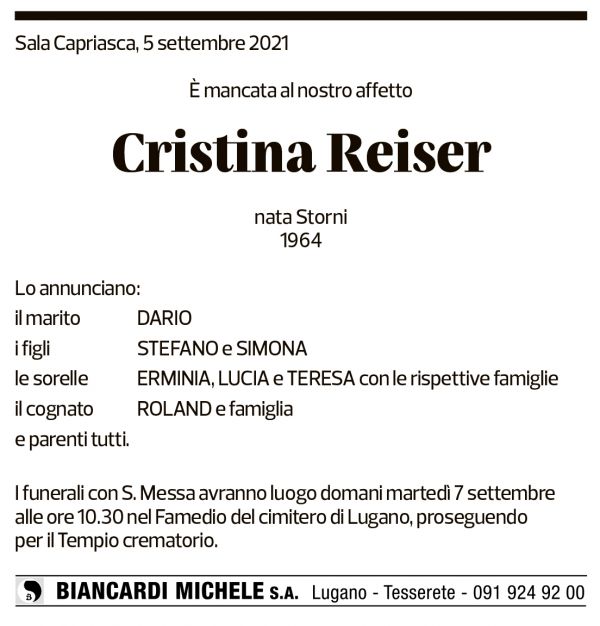 Annuncio funebre Cristina Reiser