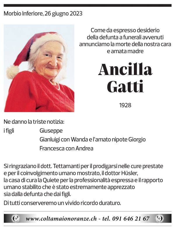 Annuncio funebre Ancilla Gatti
