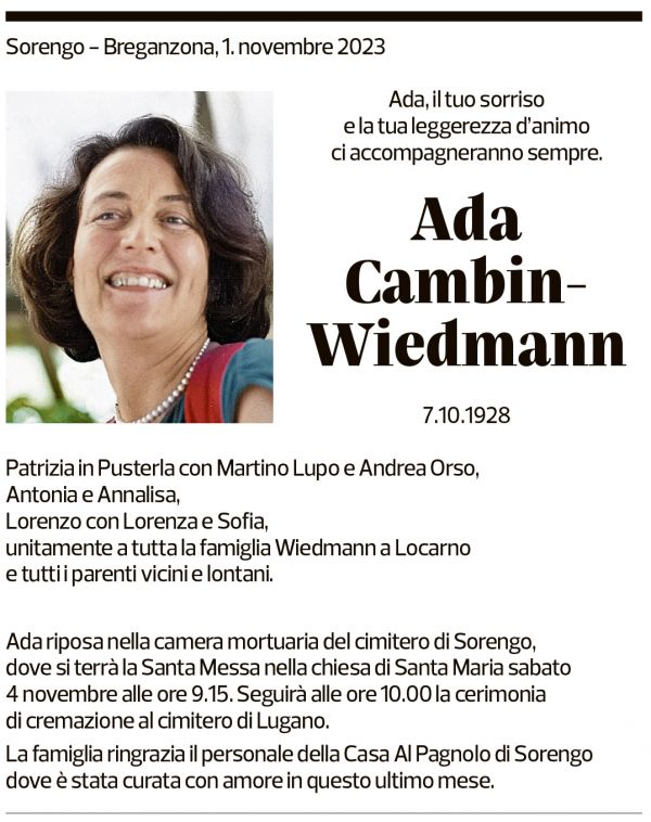 Annuncio funebre Ada Cambin-wiedmann