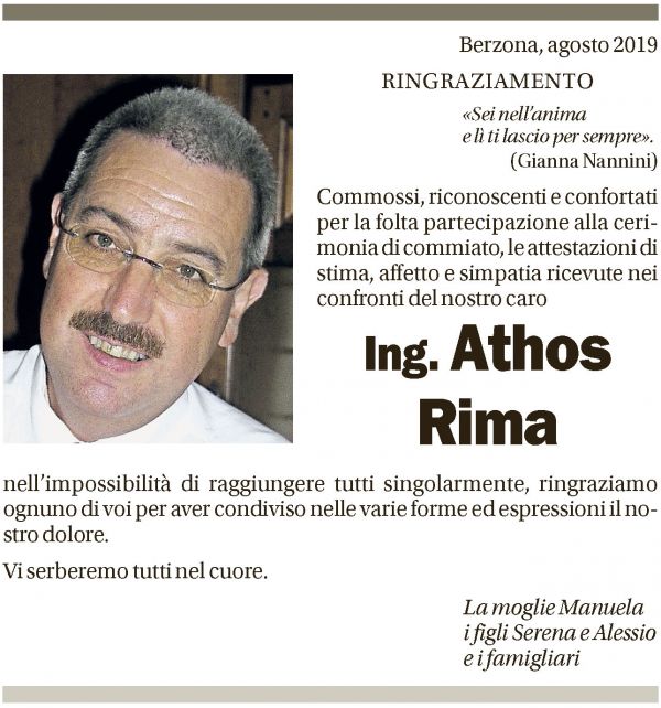 Annuncio funebre Athos Rima