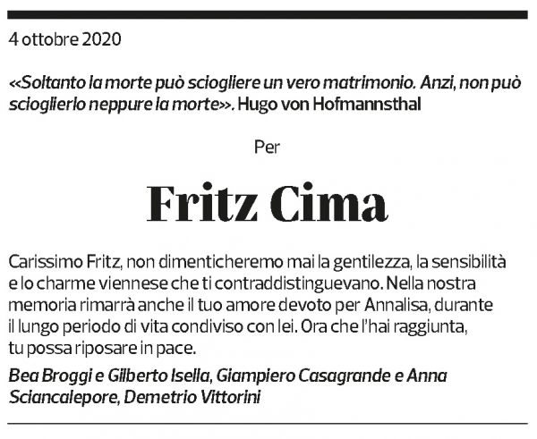 Annuncio funebre Fritz Cima