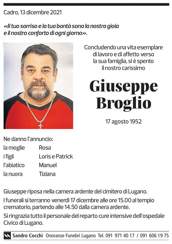 Annuncio funebre Giuseppe Broglio