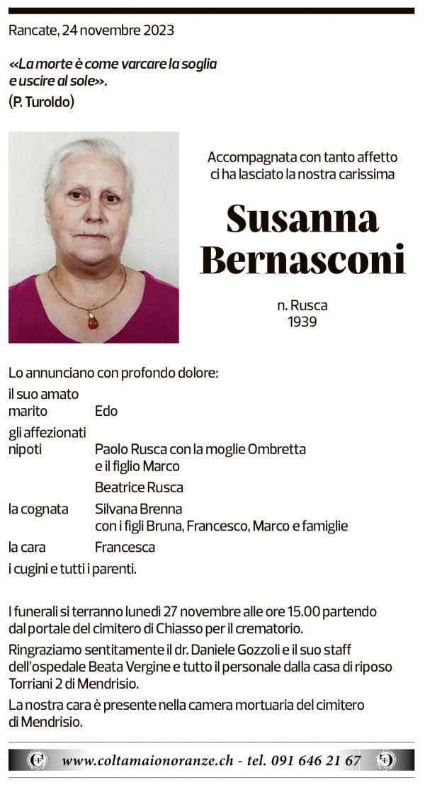 Annuncio funebre Susanna Bernasconi