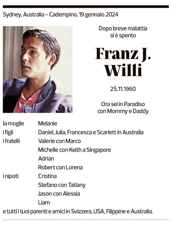 Annuncio funebre Franz J. Willi